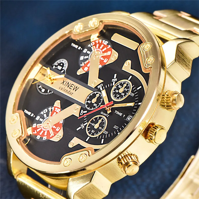 Men Big Brand Golden Watches Fashion Casual Alloy Band 5.6cm Large Face Date Quartz Wrist Watch DZ Relogio Masculino Ouro 2024