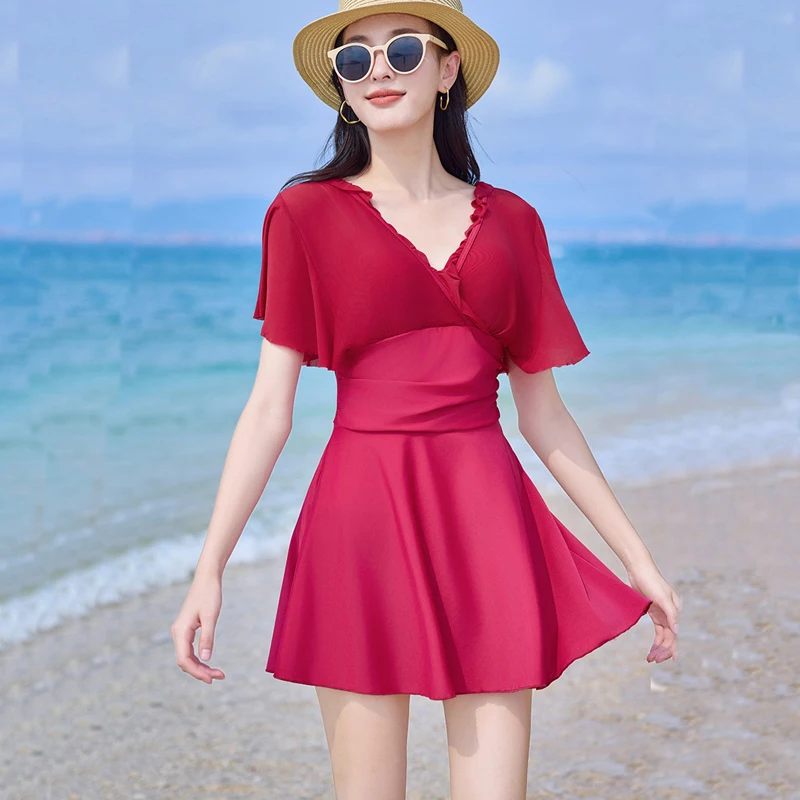 

Solid Tunic Swimwear Women Push Up V Neckline Sexy Swimsuit One Piece Hot Spring Clothes Summer Vocation Beachwear Swimming