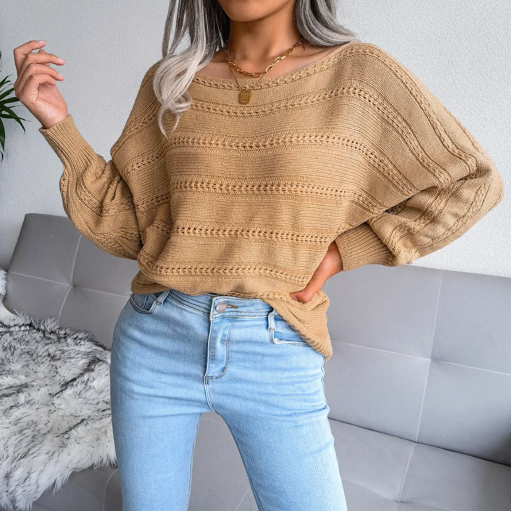 Women's Solid Color Off-Shoulder Boat Neck Lace-Up Long Sleeve Pullover Sweater for Autumn Winter Casual Vacation