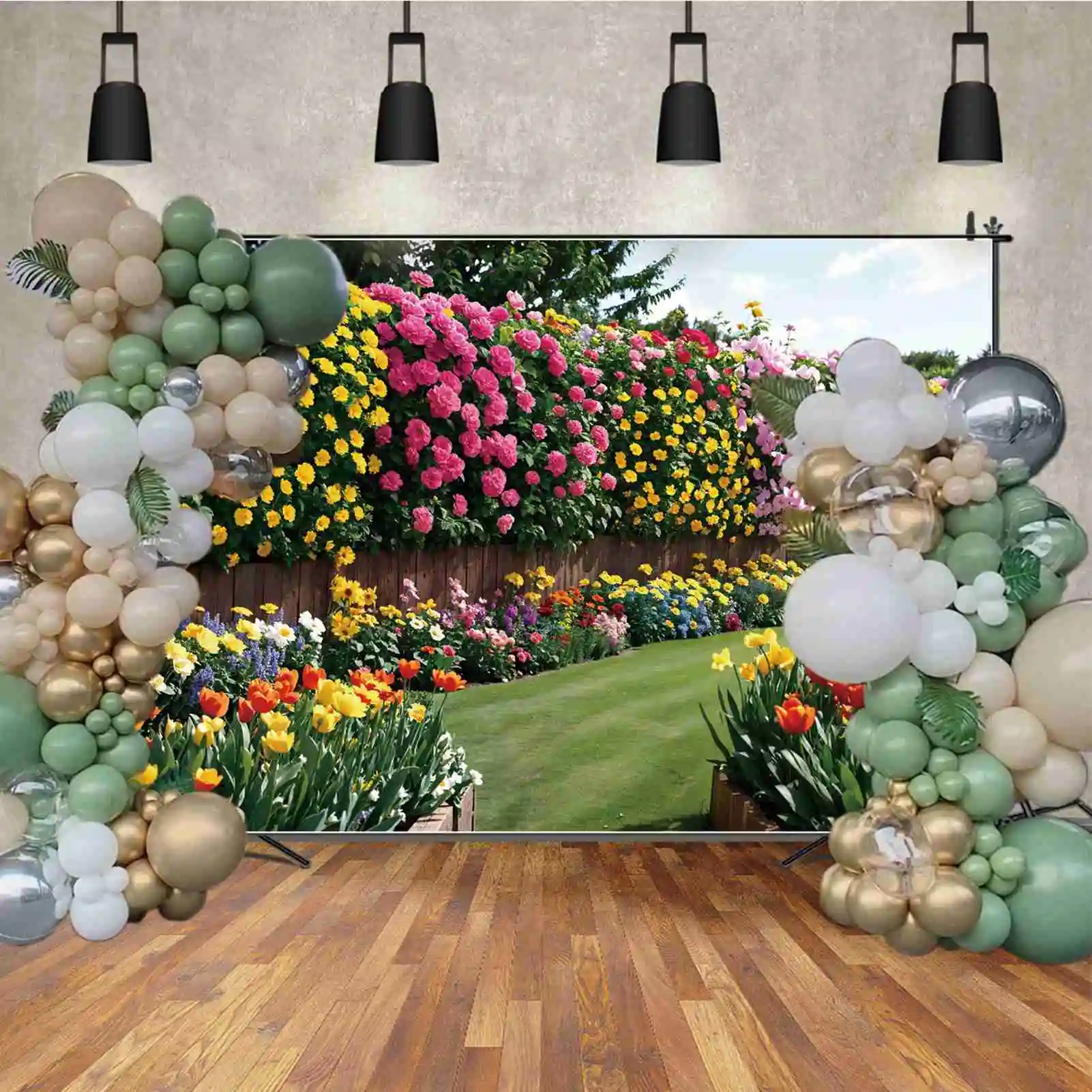 Fondos de fotografía personalizados para niños, flores de primavera, jardín, camino, pared de madera, paisaje, foto, pancartas