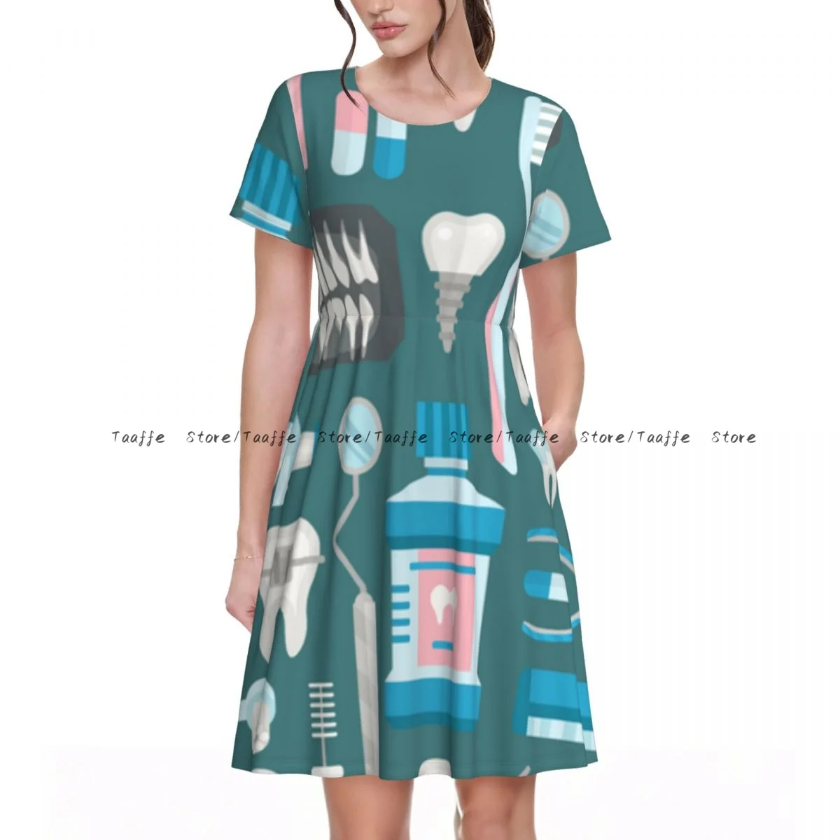 Summer Medical Tools Instrument Dress Women Casual Round Neck Short Sleeve Dress