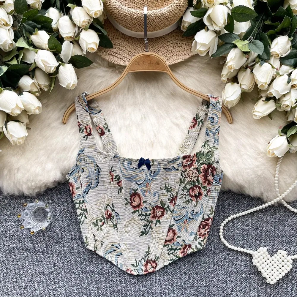 Chic Retro embroidery Camis asymmetrical bandage Fashion Tank Top Slim  Crop Top Sexy  Women Summer Tops Ins