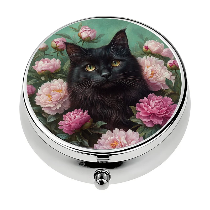 1 piece of metal three-compartment pill box (black cat and peony pattern) - portable mini pill box, elegant everyday storage box (unique gift)