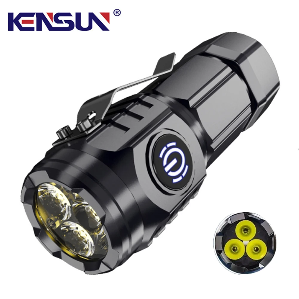 Portable Mini LED Flashlight Powerful 3*Wick Small Pocket Torch USB Rechargeable Strong Light Lantern Super Bright Cap Clip Lamp