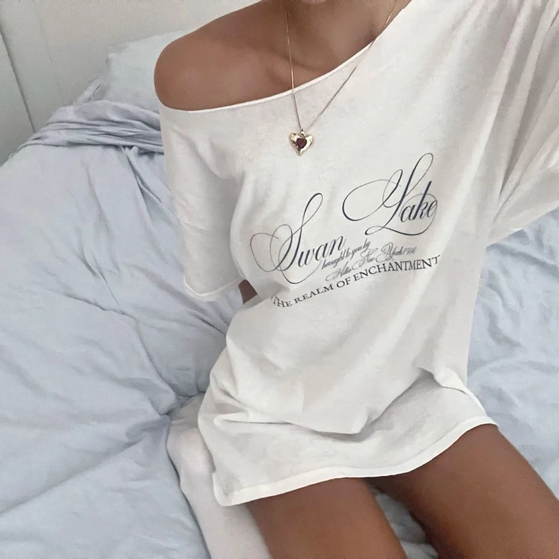 Lilac XN Y2K White Letter Print Off-Shoulder Loose Short Sleeve T-Shirts Sexy Fashion Women Summer Tops Tees Streetwear