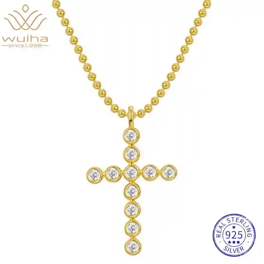 

WUIHA 100% 925 Sterling Silver Lab Sapphire High Carbon Diamonds Gemstone Wedding Engagement Cross Pendant Necklace Fine Jewelry
