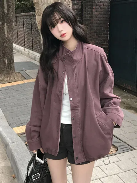Chic Vintage Workwear Jacket Drawstring Shoulder Drop Collar Stand up Outerwear Women's Fashion Autumn Spring Casual Street S...