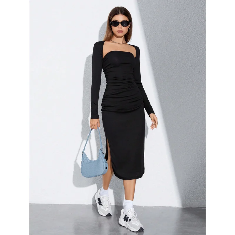 YQ1-فستان نسائي للخريف والشتاء بفتحة ضيقة ميدي مثير بدون حمالات وأكمام طويلة مكون من قطعتين #5