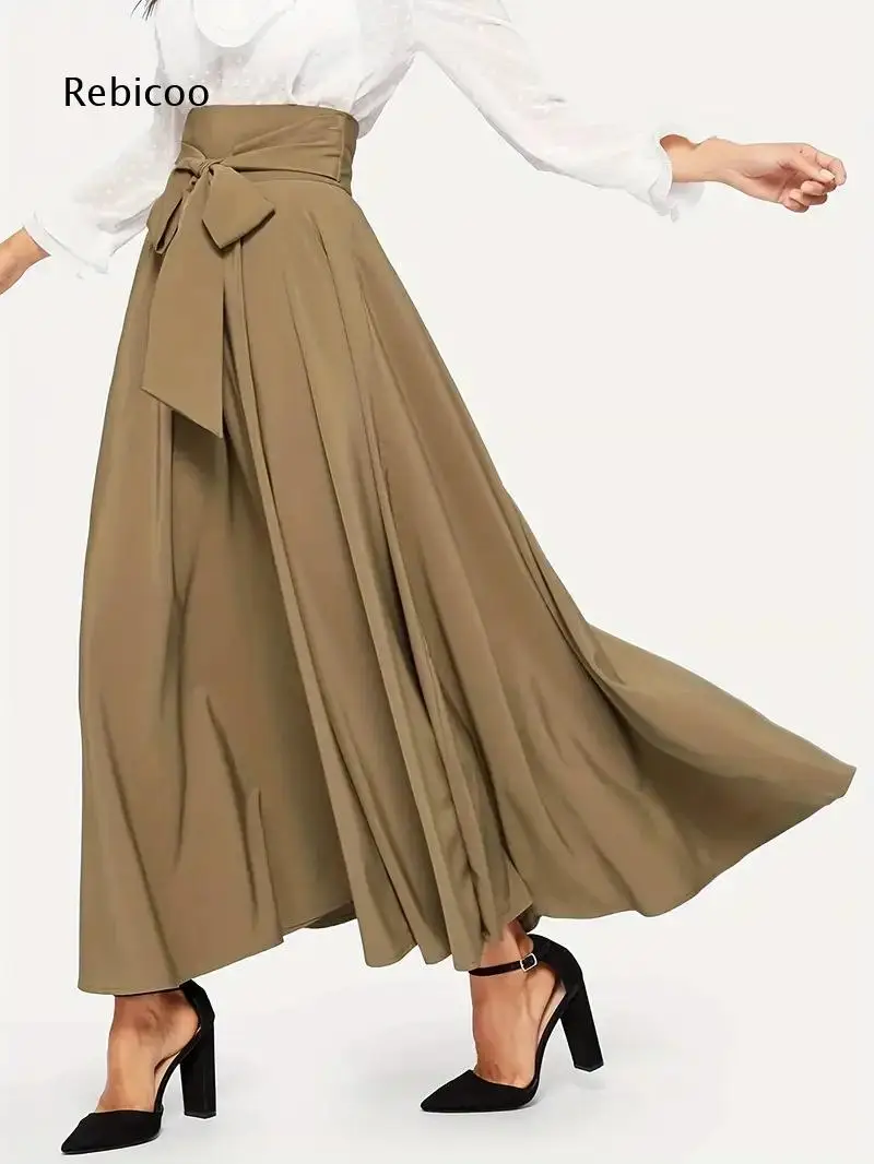 High Waist Flared Maxi Skirt For Women Decorative Tie Knot Detail Loose Swing Cut For Dating Outings And Gentle Party Activities