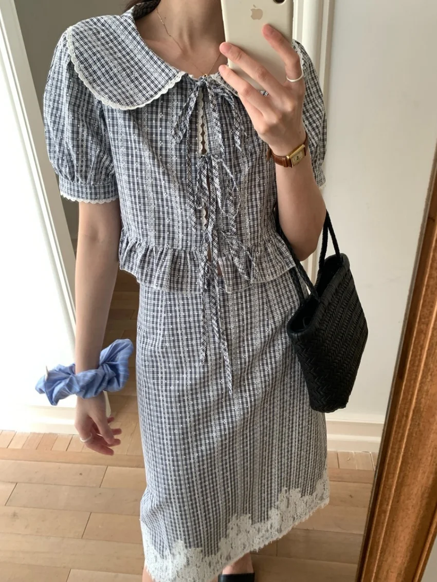 Alien Kitty New Gentle Plaid Shirts Women High Waist Long Skirts Summer 2025 Office Lady Short Sleeve OL Peter Pan Collar Suits