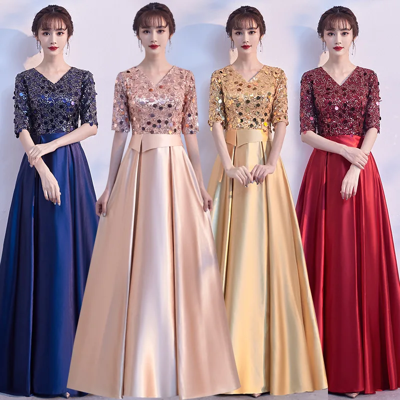 

Sequin V Neck Evening Dress Women Elegant Satin Formal Banquet Show Choir Gonws 4 Colors Wedding Party Dresses