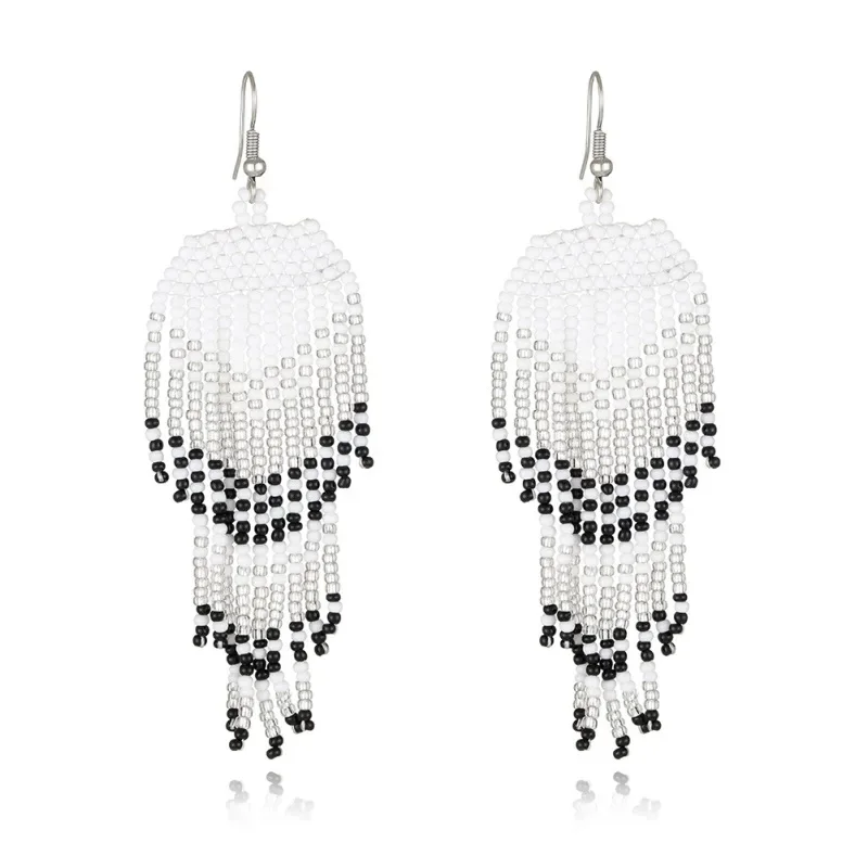 Pendientes de cuentas de arroz borla blanco y negro originalidad diseño geométrico tejido a mano aleación Bohemia moda pendientes de cuentas simples