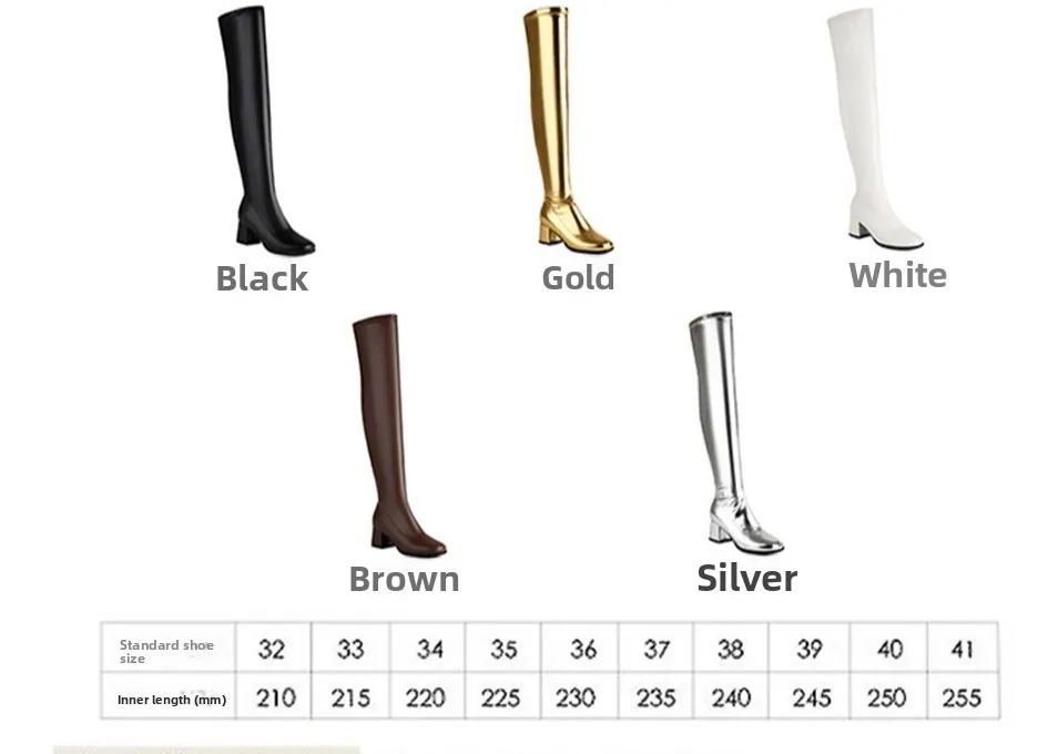 Women Over‑Knee Tall Boots 6.5cm Block Heel Side Zipper Fashion Boots 34‑48 Black Gold White Silver Brown K14 view 4