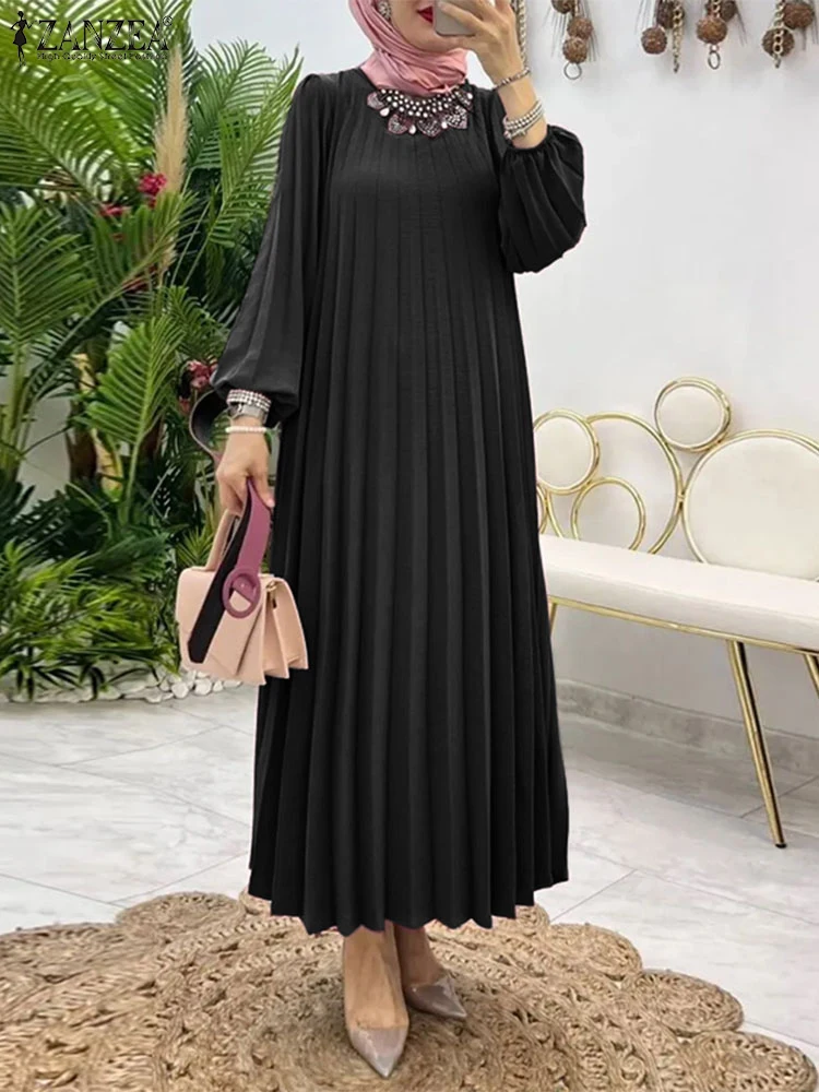 

ZANZEA Muslim Abaya Hijab Sundress Robe Femme Fashion Elegant Long Lantern Sleeve IsIamic Vestidos Women Pleated Maxi Dresses