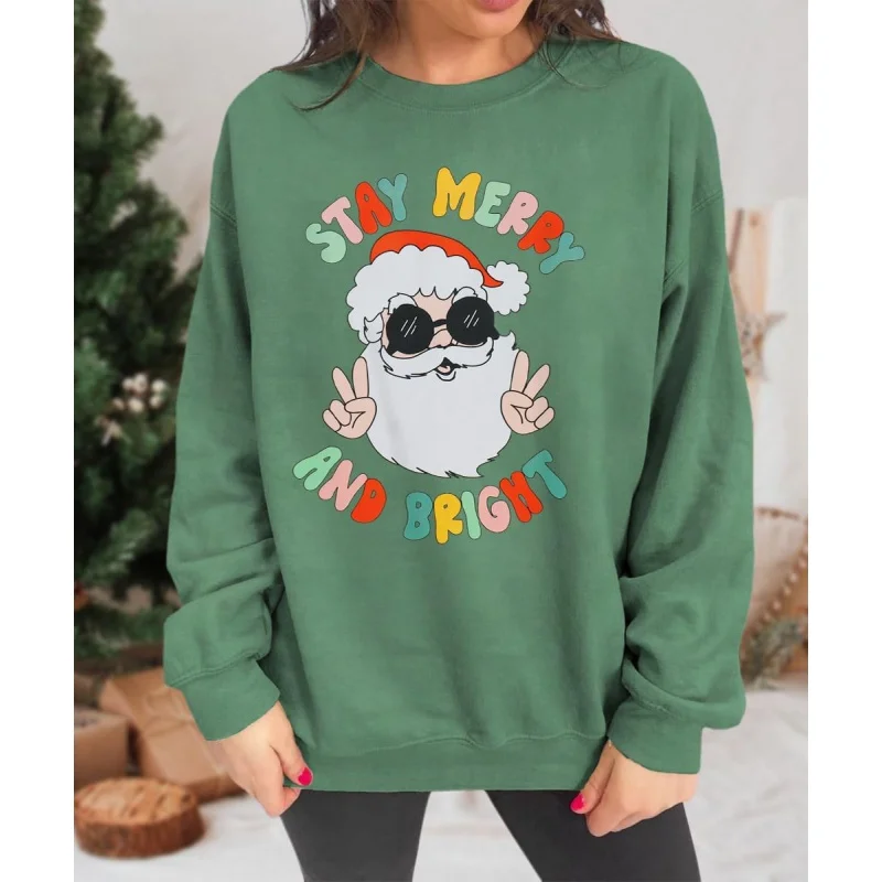 Christmas sweatshirt, happy and bright round neck long sleeved shirt, holiday women's pullover shirt