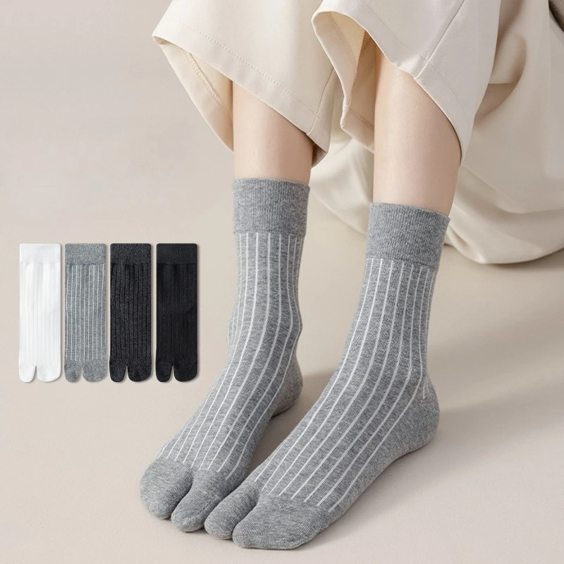 4 Pairs Split-toed Socks Tabi Toed Women's Spring and Autumn Cotton Socks Striped Breathable Medium Tube Crew Socks