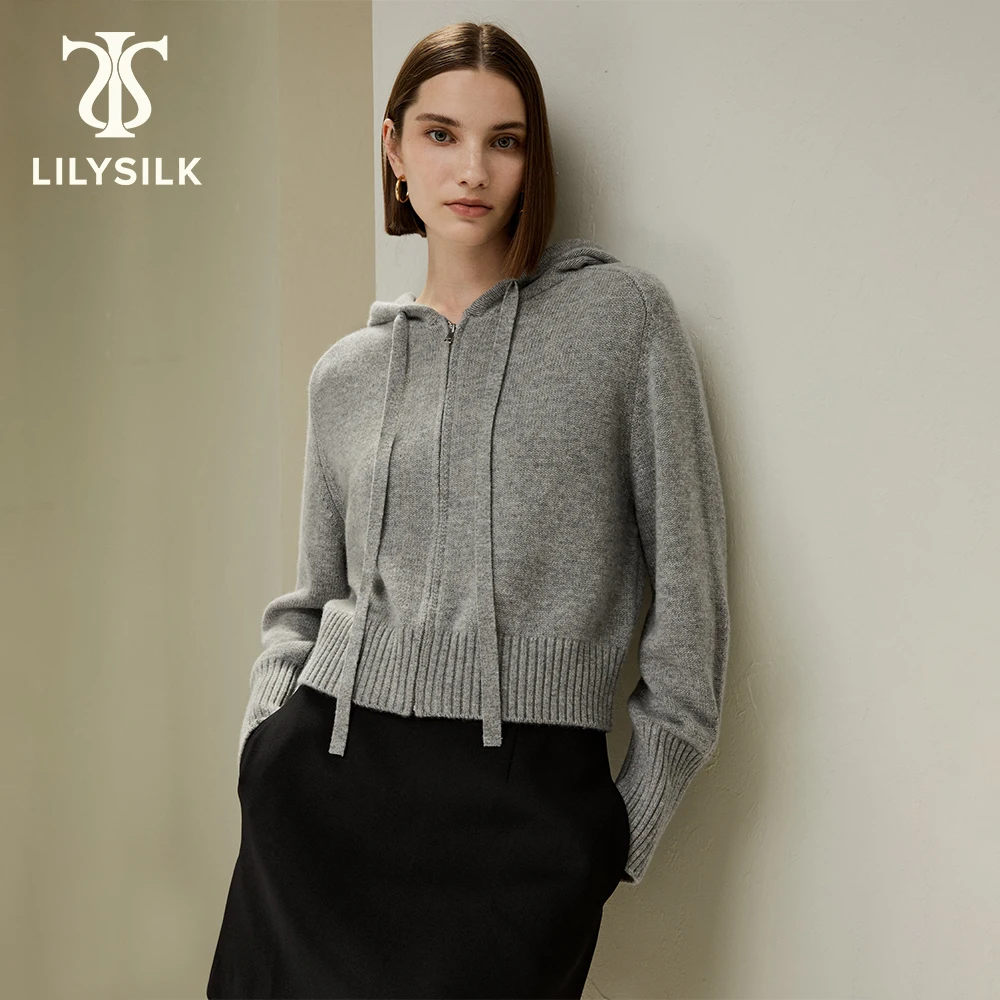 LILYSILK Wool-Cashmere Blend Hoodie for Women 2023 Fall New Short Logo Embroideried Sweater Zip Up Traf Free Shipping