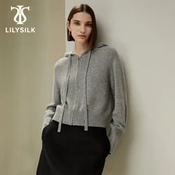 LILYSILK Wool-Cashmere Blend Hoodie for Women 2023 Fall New Short Logo Embroideried Sweater Zip Up Traf Free Shipping