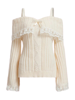 Women's Cold Shoulder Sweaters Long Sleeve Contrast Lace Knit Pullovers Bow Front Jumper Tops