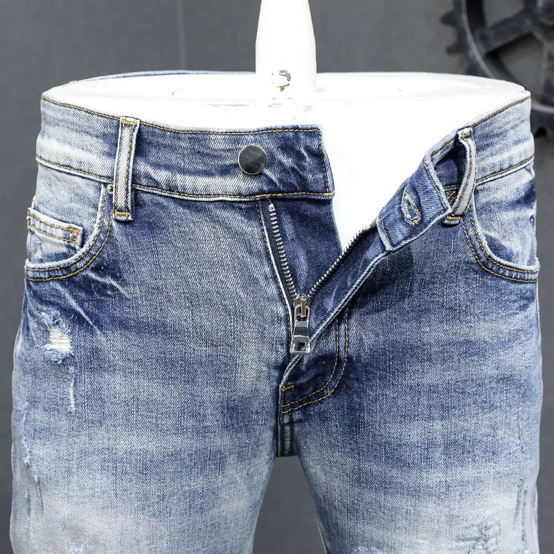 American Y2K  designer fashion new men's jeans stretch slim fit patchwork washed blue jeans high street hip-hop brand pa