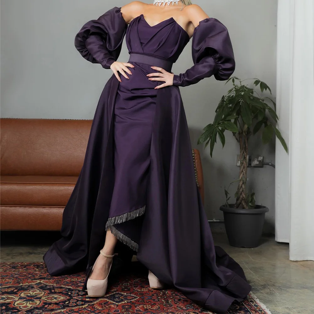 

Exquisite Panel Train Detachable Sleeves Pleats Tassel Belt Evening Dresses Graceful A-Line Sweetheart Purple Satin Prom Gowns