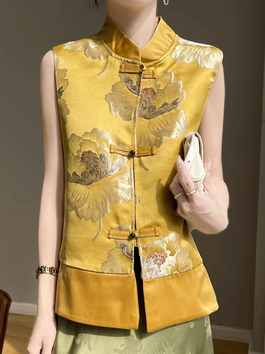 

Silky Tfeta Embroidered Vest Women's Large Size Chinese Sle Faionable Button oulder Retro Tang Suit Trendy