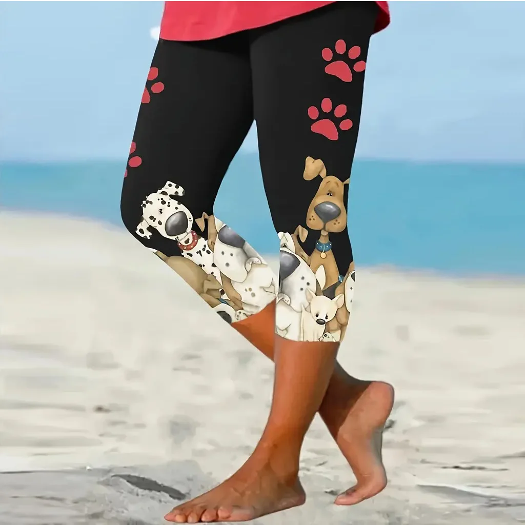 Dog footprints print elastic elastic waist slim casual leggings capri pants for women