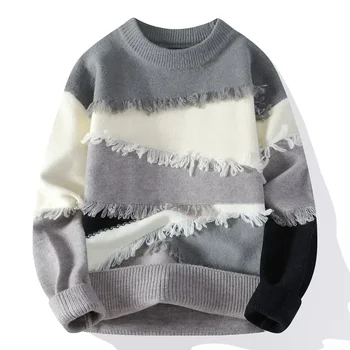 Hole Fringed Sweaters Retro Tasseled Knitwear Patchwork Color Knitwear Round Neck Pullover Knit Sweater Couple Long Sleeve Tops