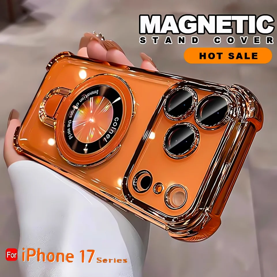 Para Magsafe funda de carga inalámbrica para iPhone 17 Pro Max Air 14 15 Plus 13 12 16 Pro cubierta de teléfono con soporte de anillo chapado transparente