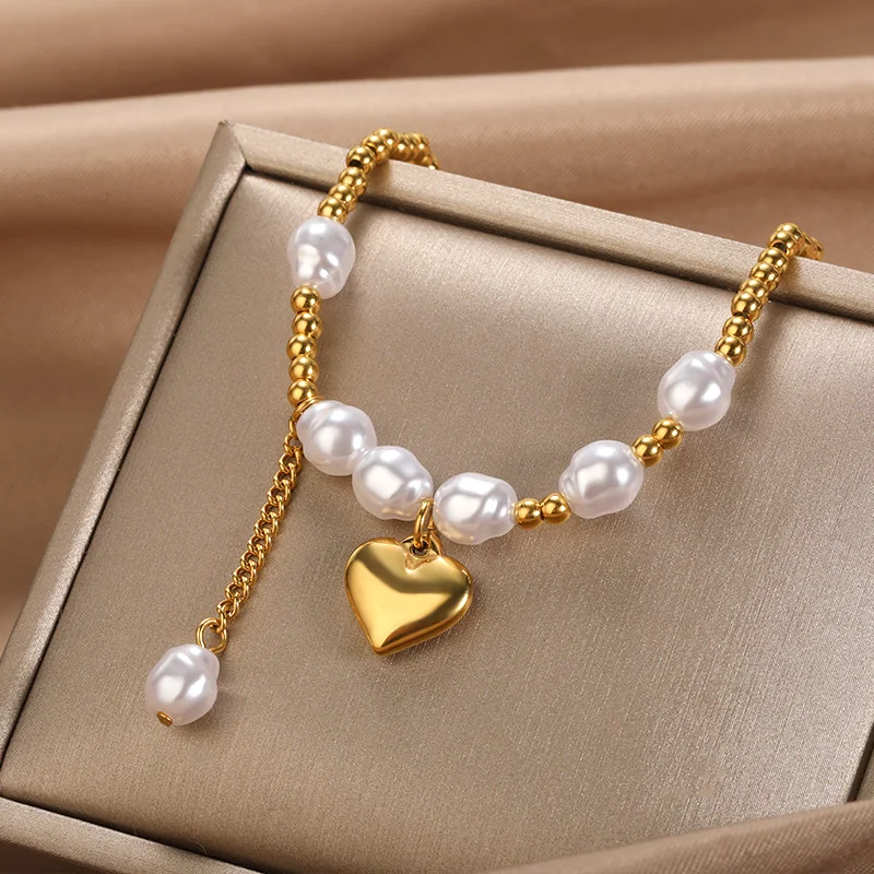 

Love Heart Imitation Pearl Bracelets For Women Stainless Steel Bead Chain Double Layer Heart Paperclip Bracelet Retro Jewelry