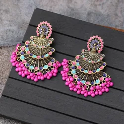 Fashion Bohemian Ethnic Peacock Open Screen Colorful Jhumka Earrings Indian Jewelry Alloy Rose Red Rice Beads Tassel Earrings