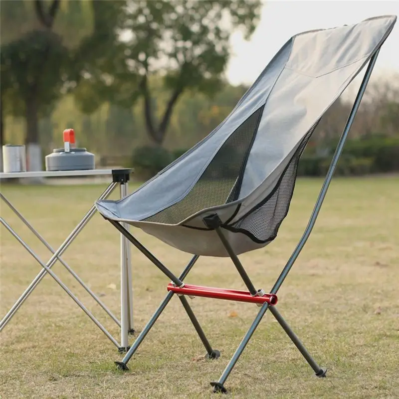 كرسي قمر محمول قابل للطي للاستخدام الخارجي من ABJV، مقعد للقدم للمشي لمسافات طويلة والنزهات وصيد الأسماك، أسود