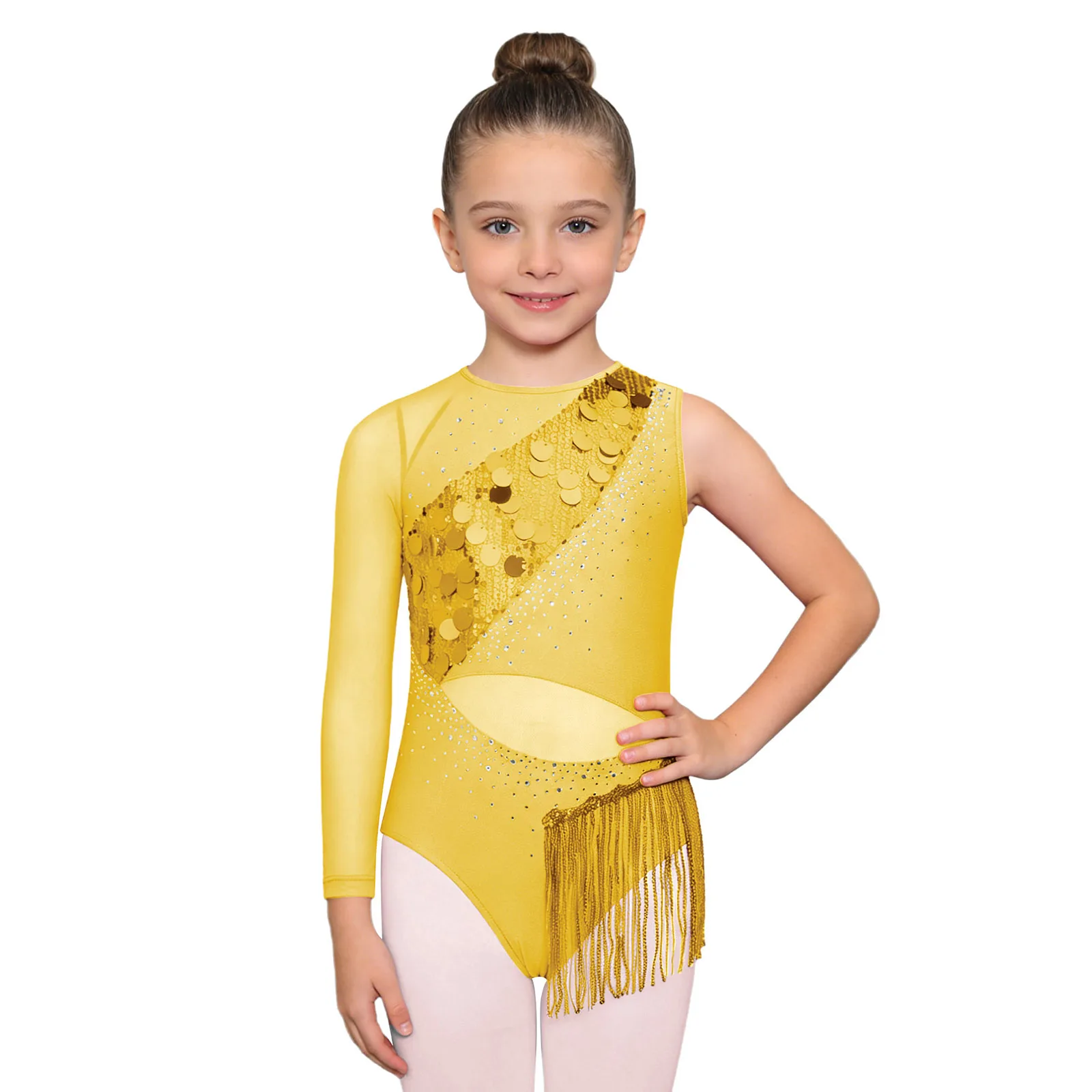 Kids Girls Tassel Latin Dance Costume Glittery Rhinestones Sequins Mesh Leotard Bodysuit Ballroom Cha-cha Tango Samba Dancewear