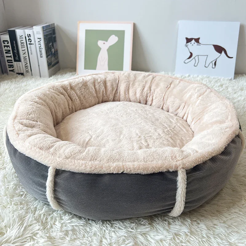 High standard custom artificial fur warm and comfortable round natural plush multi-size cat and dog bed