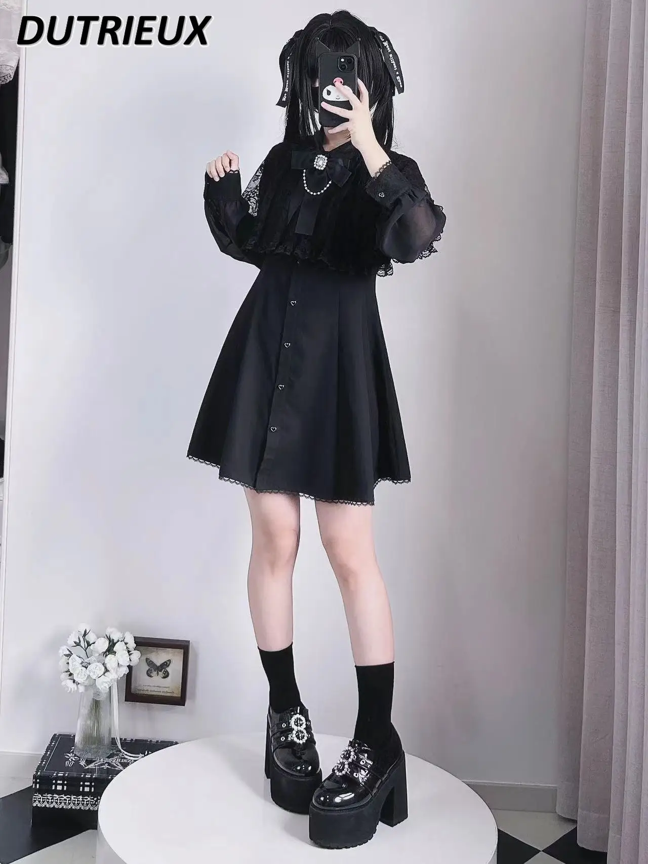 Spring and Summer Mass-produced Clear-tie Shawl Lace Dress Chiffon Long-sleeved Japanese Cute Single-breasted Waist Dresses