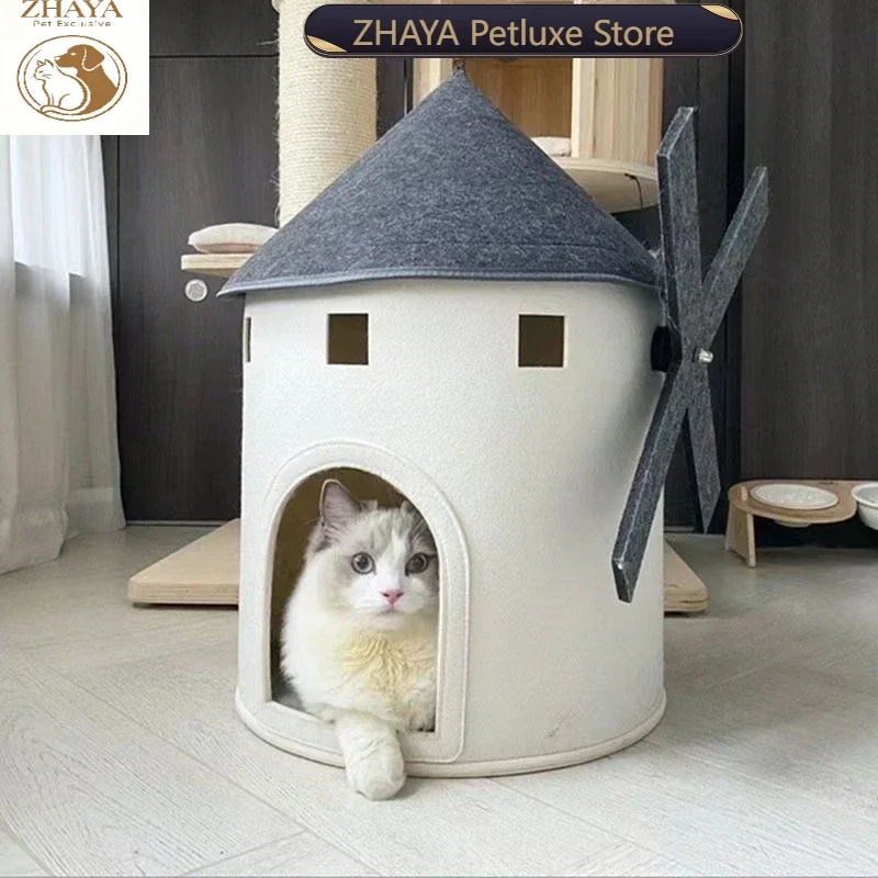 ZHAYA Windmill Tower Cat House Fully Enclosed Pet Bed Warm Winter Soft Plush Deep Sleep Dog Cave Cozy Accessories