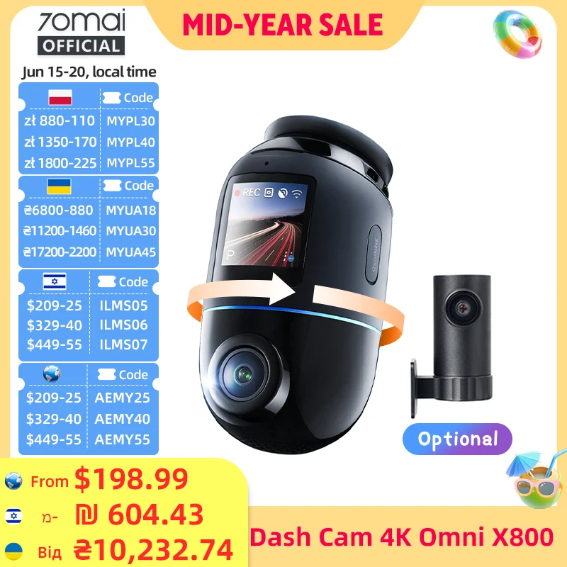 Global Version 70mai Dash Cam 4K Omni X800 360° Rotating Dual