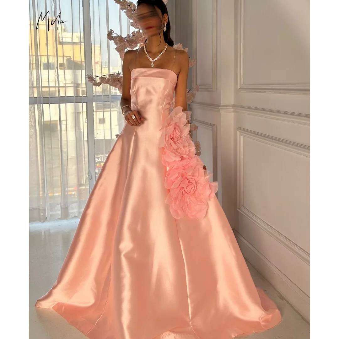 Mila Blush Pink Strapless 3D Floral Satin Prom Dresses Customized Formal Evening Gown vestidos de gala For Women Wedding Party