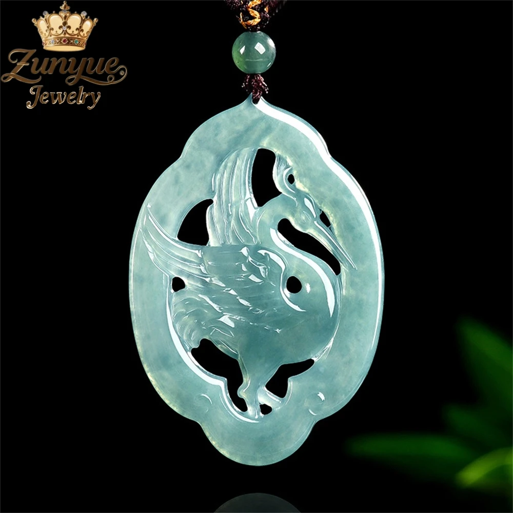 Natural A-Grade Jadeite Blue Water Cloud Stream Egret Ice Seed Jade Pendant High-end Hollowed-out Fashion Jewelry Holiday Gift