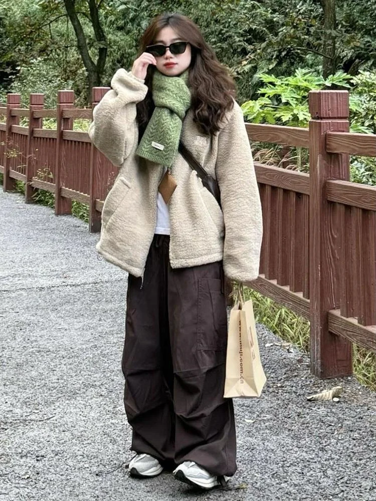 

Lamb Wool Jacket Women Korean Popular Clothes Outerwear Casual Style Informal Design Relaxed Fashion Laid Back Look Easy Going