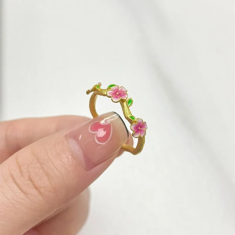 خاتم ذهبي فاخر خفيف على طراز المحكمة ثلاثي الأبعاد على شكل زهرة المينا وزهر الخوخ للنساء، خاتم أنيق قابل للتعديل