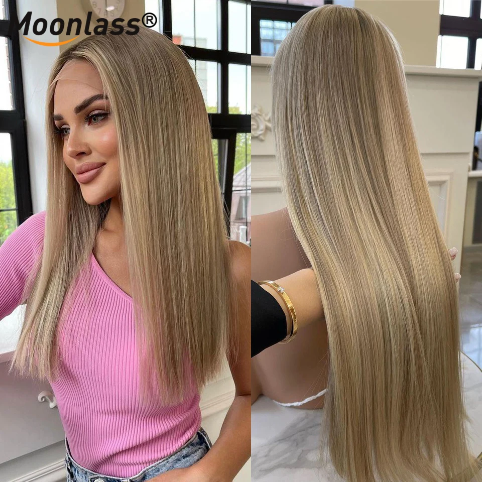 Highlight Ash Blonde Straight Wigs For Women Preplucked Human Hair Wigs Brown 180% Density Wigs 13x4 Transparent Lace Front Wigs