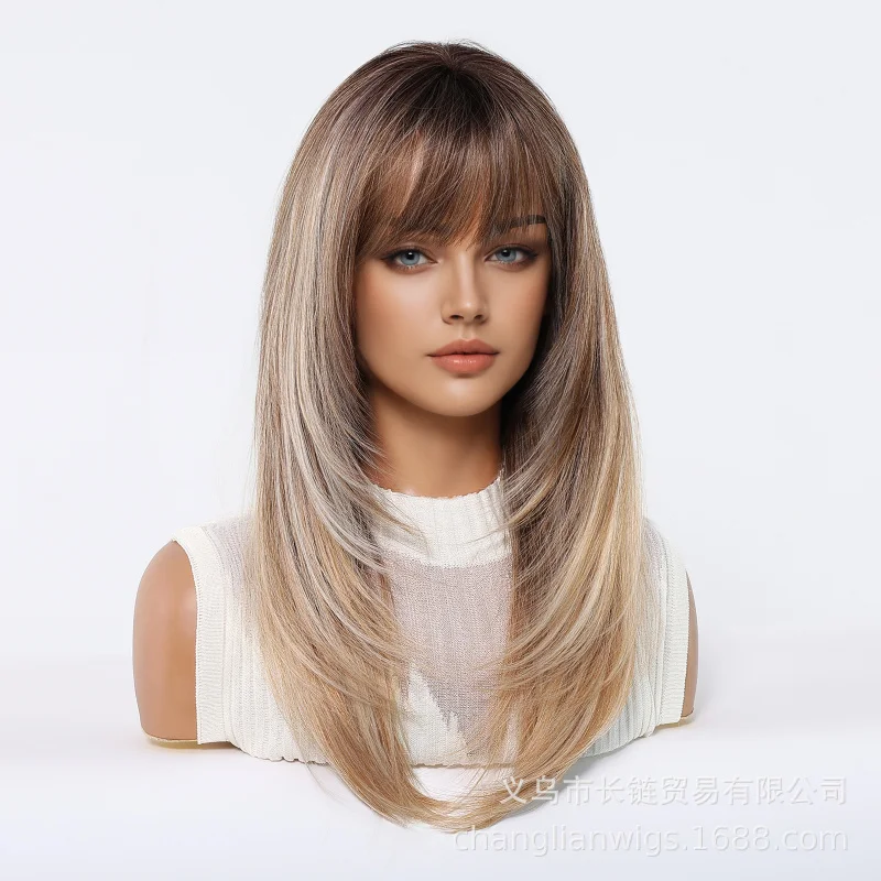 

Европейская и американская парика в стиле модных причесок, с коричневыми корнями, окрашенными в черный цвет, натуральные длинные прямые волосы с высокой многослойной прической, полный парик для женщин.