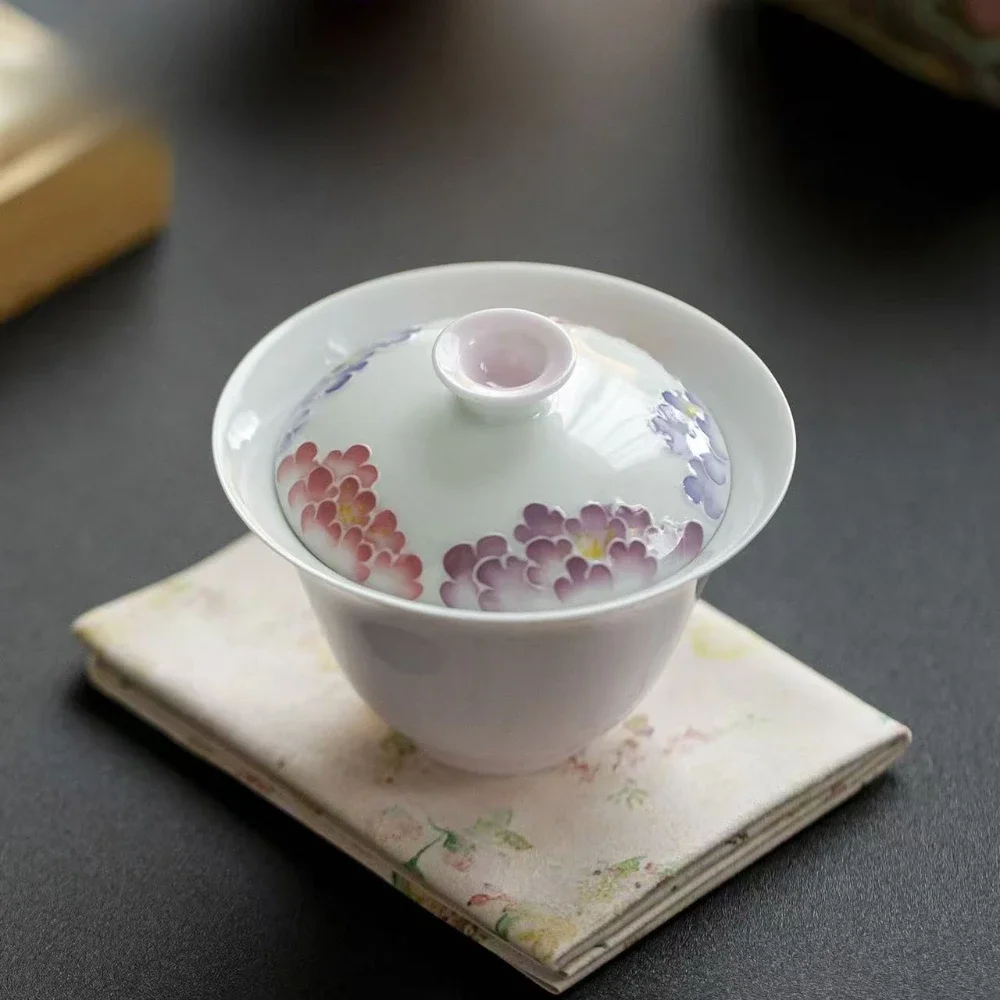 90ML Fengxian Powder Thin Tire Ceramic Cover Bowl Kung Fu Tea Set Hand-painted Cherry Blossom Tea Bowl Literati Small Cover Bowl