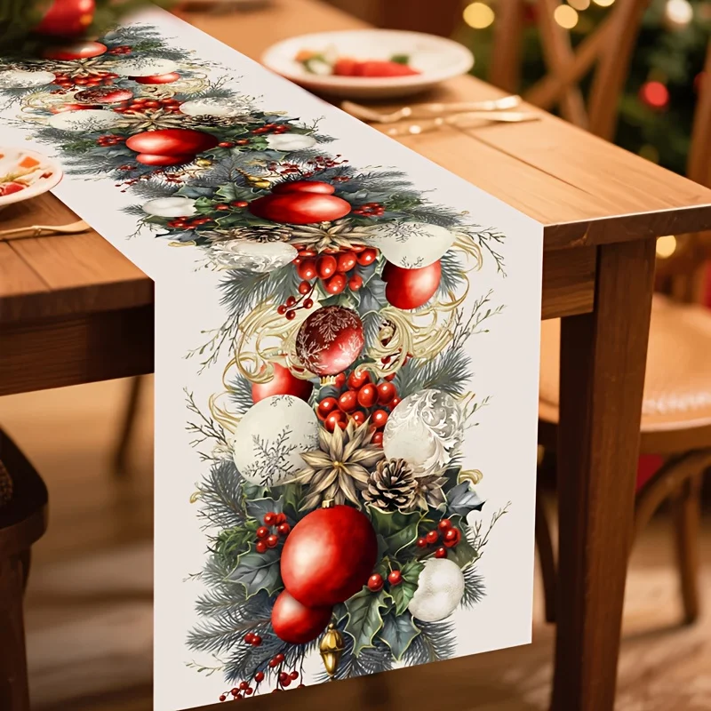 Elegant Xmas Floral Table Runner Red Check Border Poinsettia Pine Print Table Flag Winter Festival Dining Table Decor