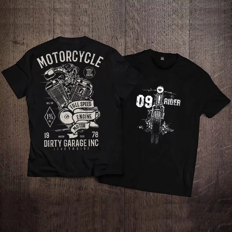 2026 Vintage Biker Motorcycle Graphic T-Shirt, Retro Engine Skull Front Back Print, Oversized Casual  Short Sleeve Tee for Men