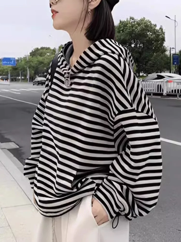 Felpa con Cappuccio da Donna Primavera Autunno Nuova Versione Coreana Manica Lunga Casual con Righe Colorate