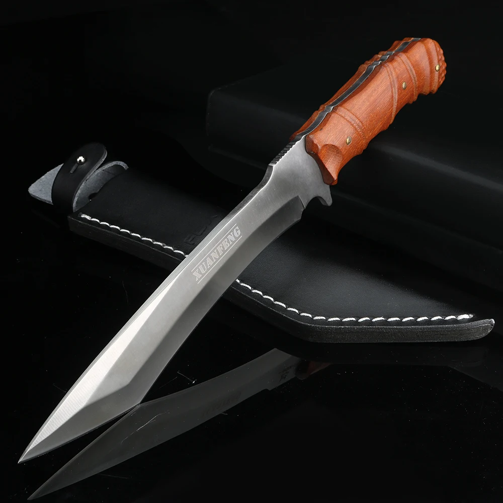 Wooden handle high-quality hunting knife outdoor survival straight blade D2 steel fixed blade knife including leather case