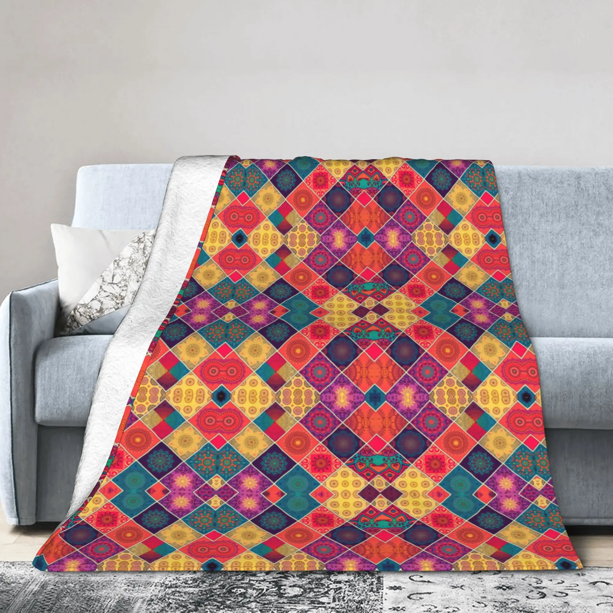 Custom Colorful Boho Mandala Blanket Warm Fleece Soft Flannel  Throw Blankets for Bed Sofa Travel Autumn