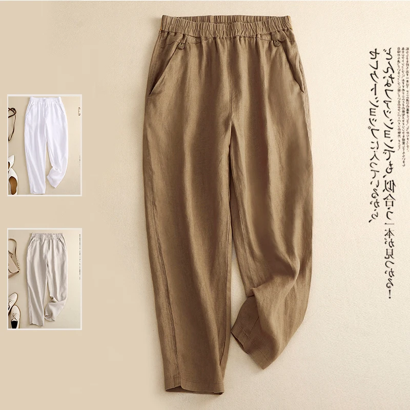 

Slimming Effect Cotton Linen Harlan Pants High Waist Casual Trousers for plus Size Women Artistic Vintage Color